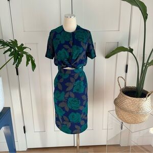 Matching Blue and Green Tetris Floral Pencil Skirt and Shirt